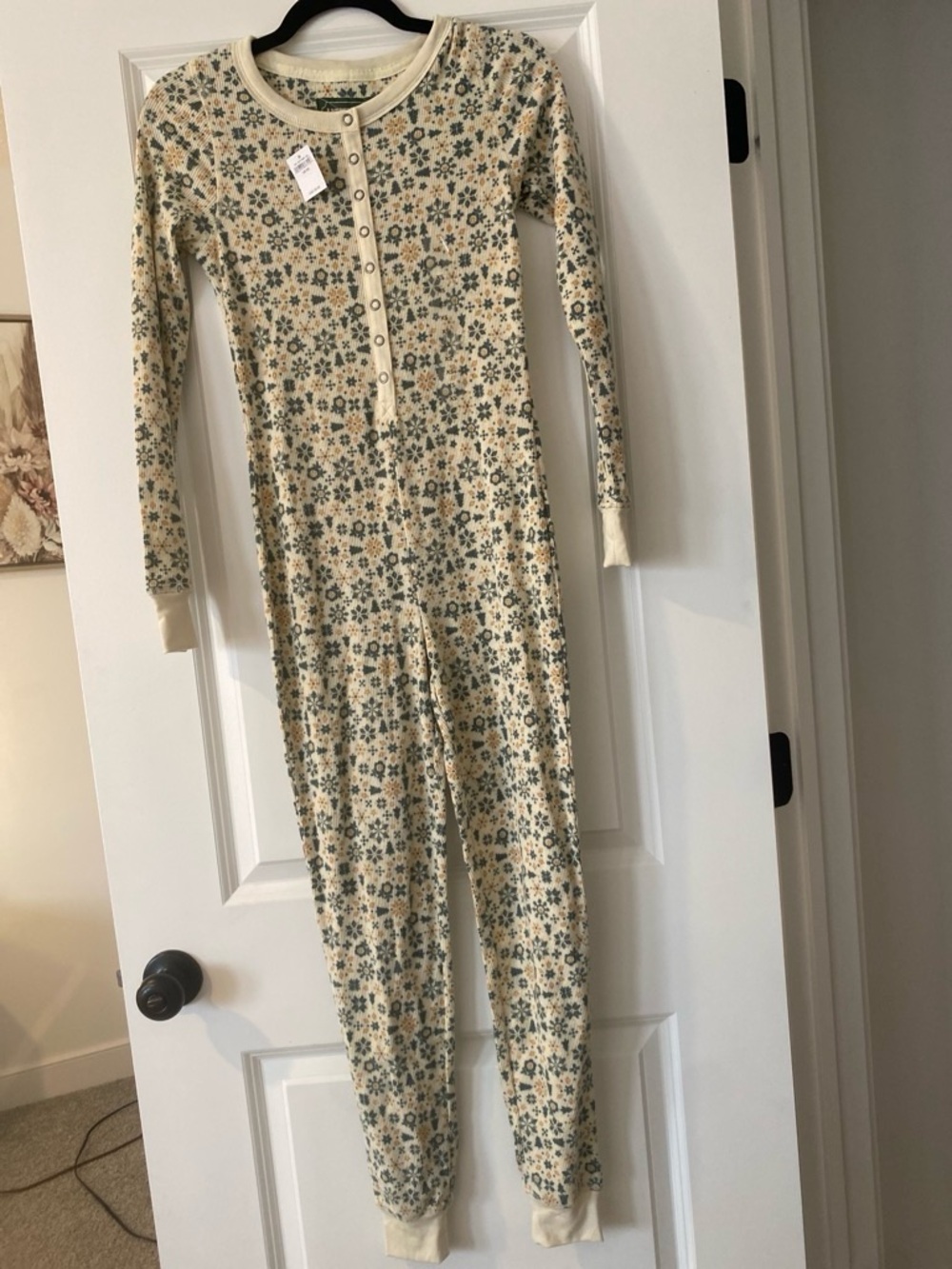 American Eagle Outfitters Cream One-Piece Floral Footie with Green Print